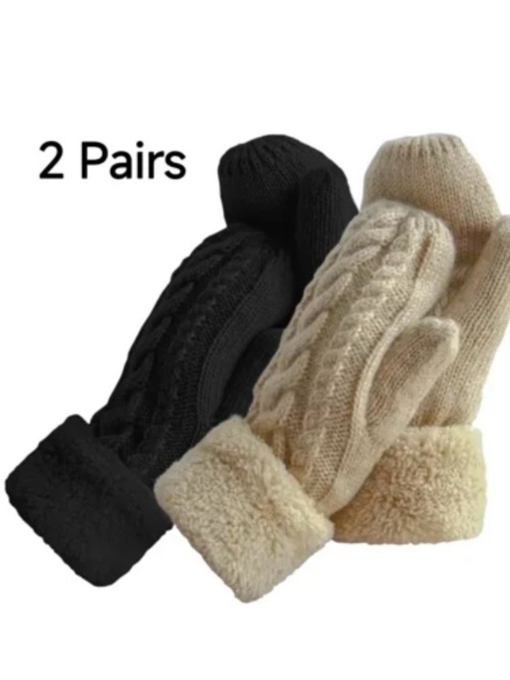 Loritta 2Pcs Winter Knit Gloves/Mittens with Cozy Thick Lining Black/Beige NWT